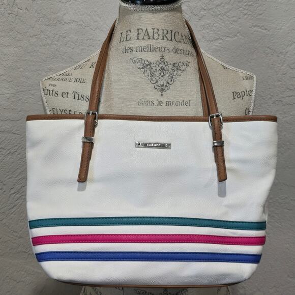 Nine West White Striped Tote Shoulder Bag Purse - Picture 11 of 11
